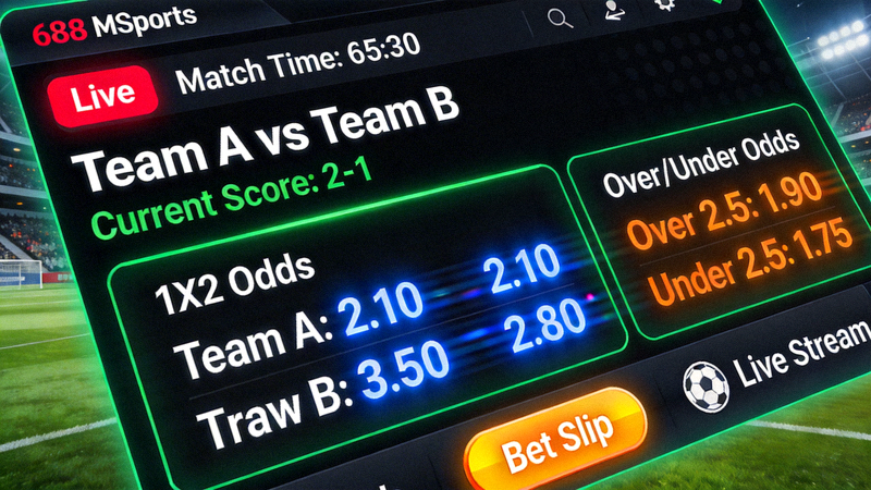 Tampilan layar live betting M88 MSports dengan odds yang berubah real-time selama pertandingan sepak bola berlangsung